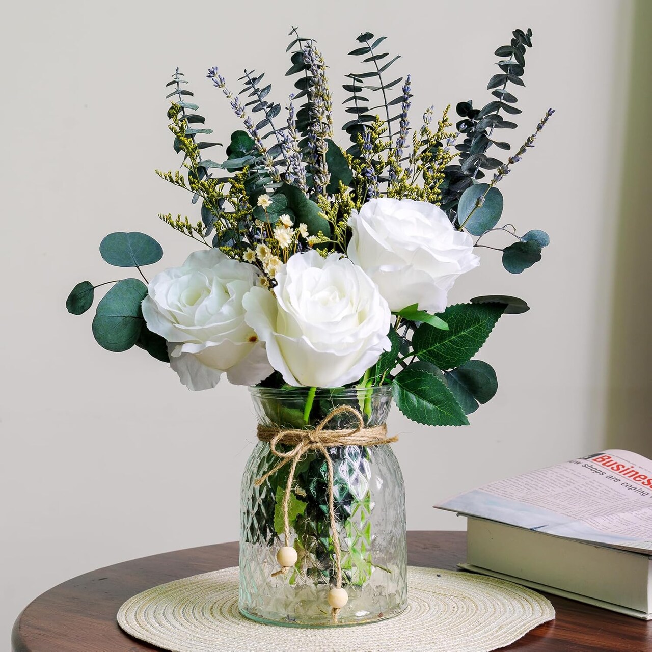 Artificial Dried Flower Arrangement with Vase – Fake Flowers in a Vase, Including Dried Lavender, Eucalyptus, and Faux Roses for Home Décor, Dining Table Centerpieces, and Kitchen Table Decorations